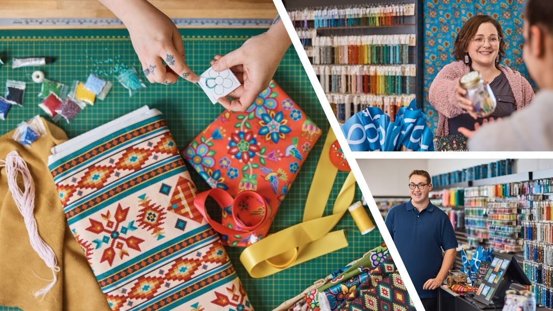 several photos of the bead store and bead work with employees